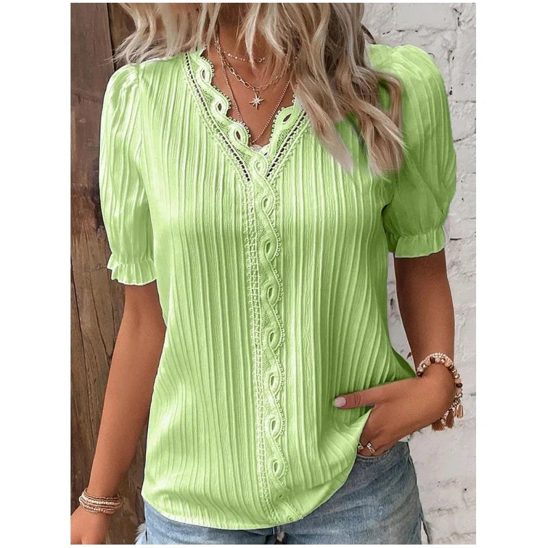 Luna Elegante Kanten Blouse voor Dames Zomerstijl met V-hals