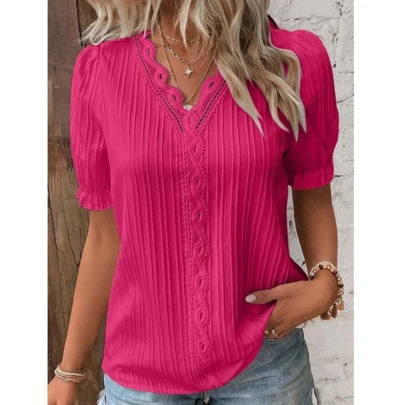 Luna Elegante Kanten Blouse voor Dames Zomerstijl met V-hals