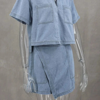 Dames Blauw Denim Set 2-Delige Set Korte met Zak Shirt Zomer Modeset