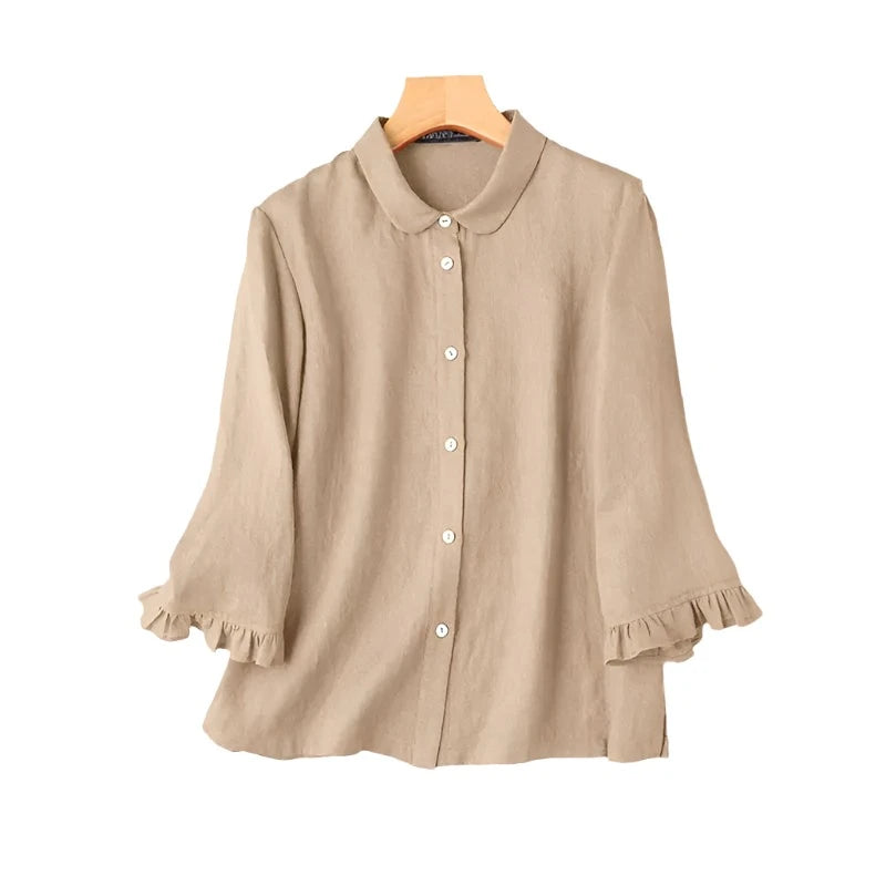 Elegante Dames Blouse met 3/4 Mouwen en Zomerse Tuniek met Lapel