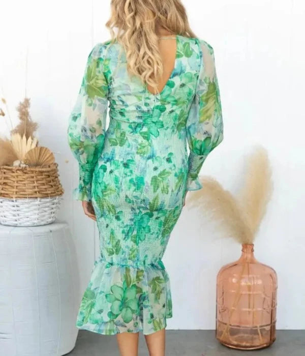 Elegante Vrouwen Midi-Jurk met Bloemenprint en Volants Elastische Taille