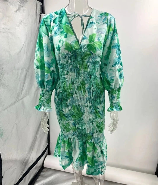 Elegante Vrouwen Midi-Jurk met Bloemenprint en Volants Elastische Taille