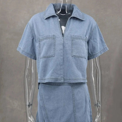 Dames Blauw Denim Set 2-Delige Set Korte met Zak Shirt Zomer Modeset