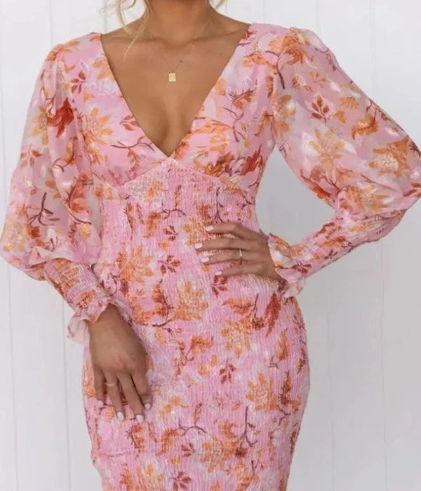 Elegante Vrouwen Midi-Jurk met Bloemenprint en Volants Elastische Taille