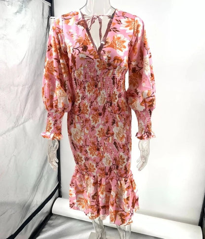 Elegante Vrouwen Midi-Jurk met Bloemenprint en Volants Elastische Taille