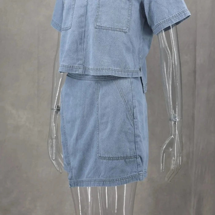 Dames Blauw Denim Set 2-Delige Set Korte met Zak Shirt Zomer Modeset