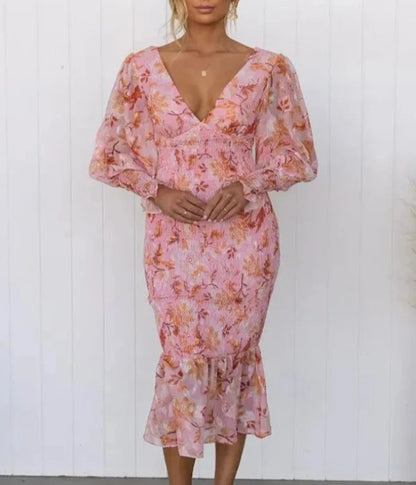 Elegante Vrouwen Midi-Jurk met Bloemenprint en Volants Elastische Taille