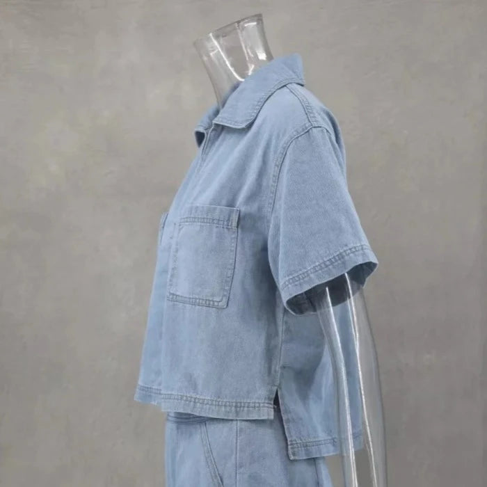 Dames Blauw Denim Set 2-Delige Set Korte met Zak Shirt Zomer Modeset