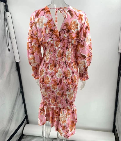 Elegante Vrouwen Midi-Jurk met Bloemenprint en Volants Elastische Taille